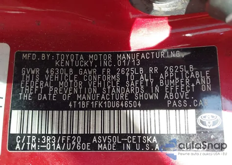 2013 Toyota Camry Se from USA, damaged, VIN 4T1BF1FK1DU646504